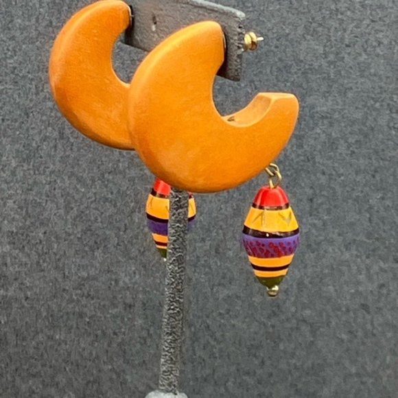 Hoop Dangle Pierced Earrings Exotic Wood Painted Brown Red Black Yellow Purple - Picture 2 of 6